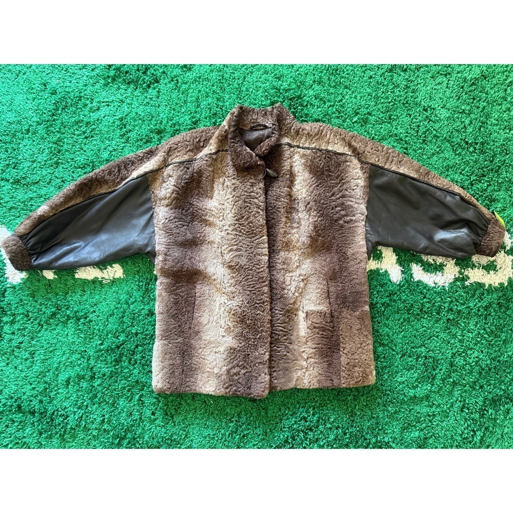 Vintage Persian Lamb Fur Coat‎ XL Leather Sleeves Brown Jacket Outerwear